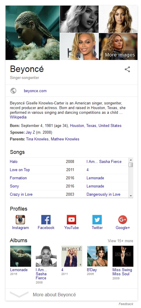 Beyonce knowledge panel serp Beyonce knowledge panel serp