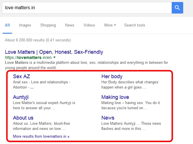 Love Matters sitelinks in SERP Love Matters sitelinks in SERP