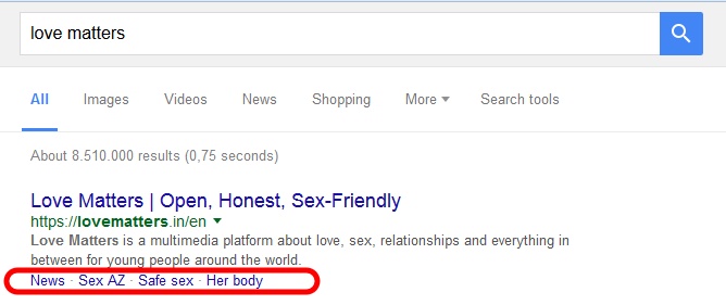 Love Matters sitelinks in SERP small Love Matters sitelinks in SERP small