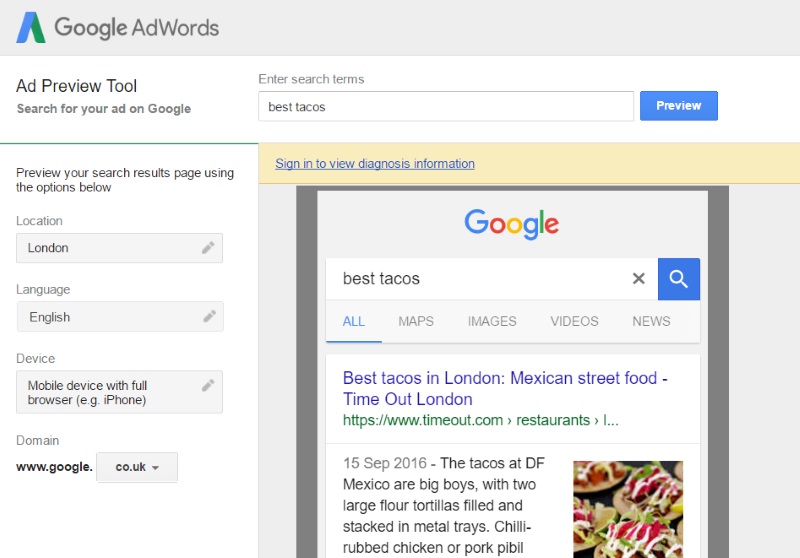 Google Adwords preview best tacos