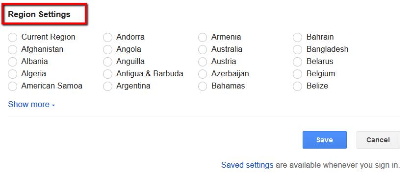 Google region settings